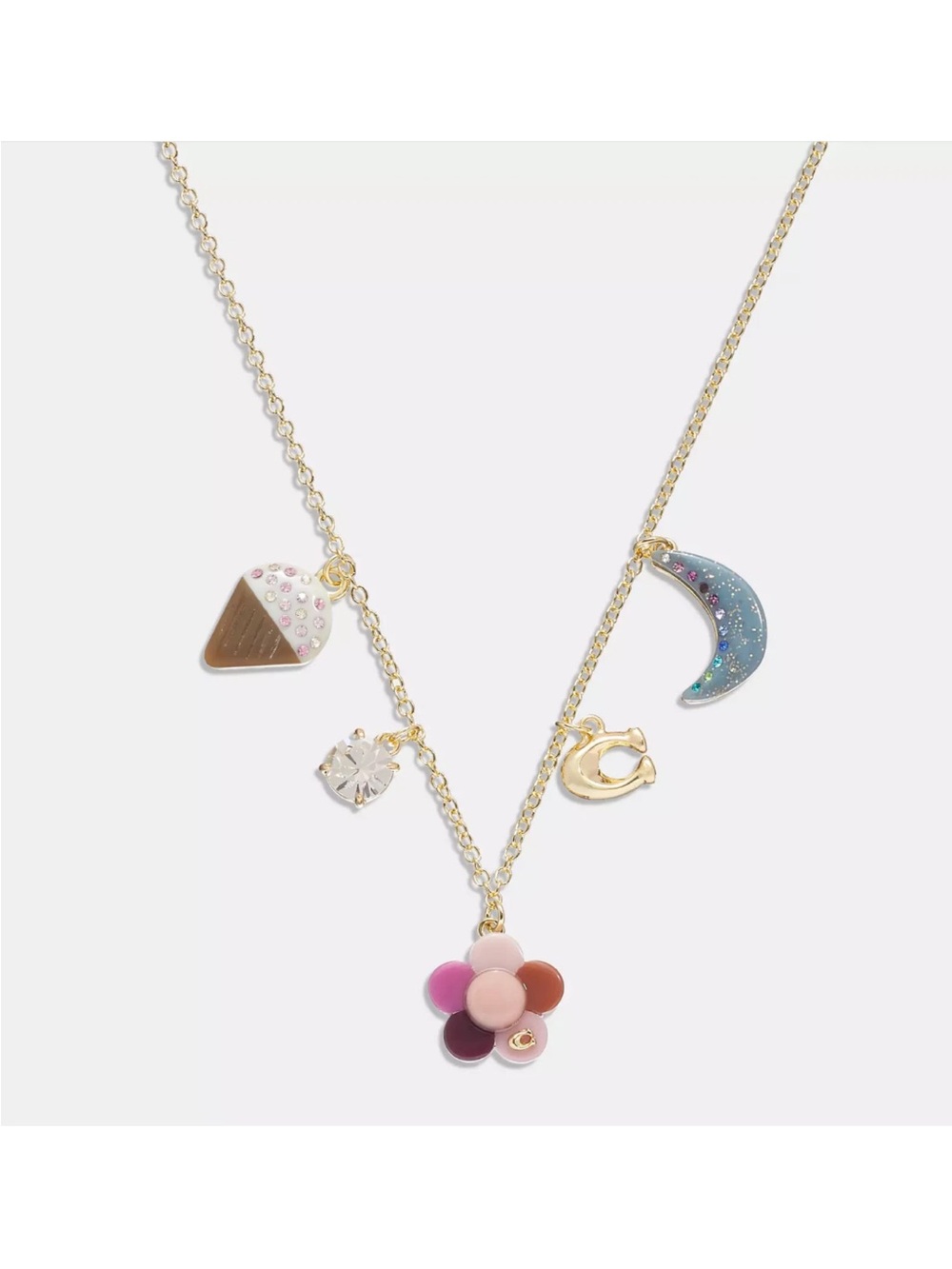Coach Gold-Tone Multicolor Flower & Charm Necklace